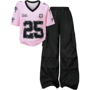 image:imageGirls 2 Piece Summer Outfits Number Print Y2k Football Jersey Shirts and Cargo Pants Baggy SetPink and Black