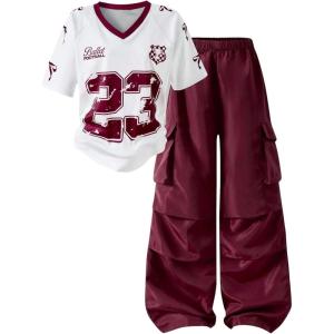 image:imageGirls 2 Piece Summer Outfits Number Print Y2k Football Jersey Shirts and Cargo Pants Baggy SetRed
