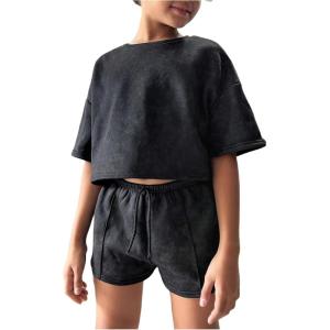 image:imageGirls 2 Piece Summer Outfits Short Sleeve Crop Top and Mini Shorts Casual Matching SetDark Grey