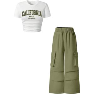 image:imageGirls 2 Piece Y2K Outfits Short Sleeve Letter Graphic Tees and Cargo Pants Preppy ClothesWhite and Green