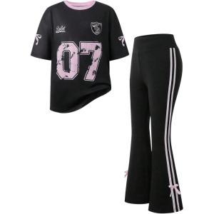 image:imageGirls Clothing Sets Number Graphic Short Sleeve Jersey Shirts and Bow Flare Leggings Y2K OutfitsBlack