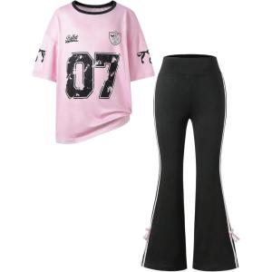 image:imageGirls Clothing Sets Number Graphic Short Sleeve Jersey Shirts and Bow Flare Leggings Y2K OutfitsMulticolor Pink
