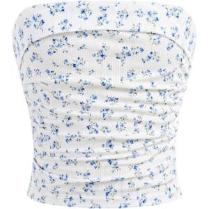 image:imageGirls Ditsy Floral Strapless Tube Top Cute Sleeveless Ruched Ribbed Bandeau TopsBlue