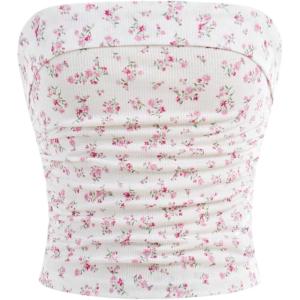 image:imageGirls Ditsy Floral Strapless Tube Top Cute Sleeveless Ruched Ribbed Bandeau TopsFloral Pink