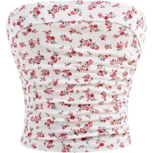 image:imageGirls Ditsy Floral Strapless Tube Top Cute Sleeveless Ruched Ribbed Bandeau TopsFloral Red