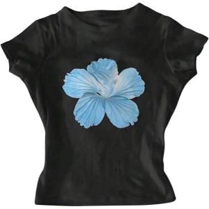 image:imageGirls Floral Hibiscus Graphic Tees Y2K Short Sleeve Crew Neck Casual Summer Tight ShirtBlack