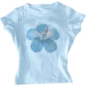 image:imageGirls Floral Hibiscus Graphic Tees Y2K Short Sleeve Crew Neck Casual Summer Tight ShirtBlue