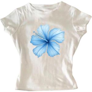 image:imageGirls Floral Hibiscus Graphic Tees Y2K Short Sleeve Crew Neck Casual Summer Tight ShirtWhite