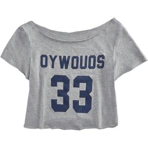 image:imageGirls Graphic Tees Off The Shoulder Tops Short Sleeve Jersey Shirts Y2K Crop TopsDeep Blue Grey