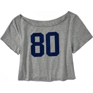 image:imageGirls Graphic Tees Off The Shoulder Tops Short Sleeve Jersey Shirts Y2K Crop TopsGrey