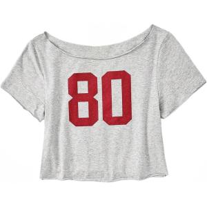 image:imageGirls Graphic Tees Off The Shoulder Tops Short Sleeve Jersey Shirts Y2K Crop TopsLight Grey and Red