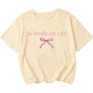 image:imageGirls Letter Bow Graphic Tees Short Sleeve Crewneck Cute Shirts for Teen Girls TrendyApricot