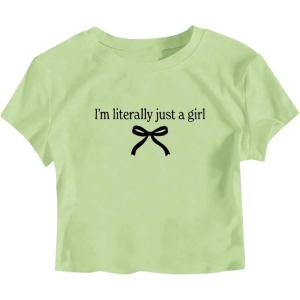 image:imageGirls Letter Bow Graphic Tees Short Sleeve Crewneck Cute Shirts for Teen Girls TrendyBlack and Green