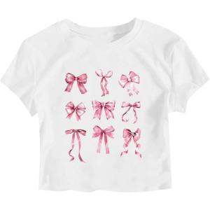 image:imageGirls Letter Bow Graphic Tees Short Sleeve Crewneck Cute Shirts for Teen Girls TrendyBow Print White