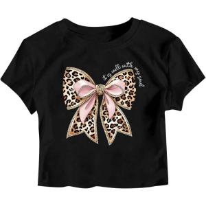image:imageGirls Letter Bow Graphic Tees Short Sleeve Crewneck Cute Shirts for Teen Girls TrendyCheetah Black