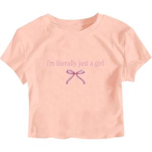 image:imageGirls Letter Bow Graphic Tees Short Sleeve Crewneck Cute Shirts for Teen Girls TrendyPink