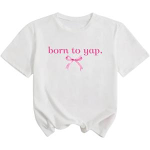 image:imageGirls Letter Bow Graphic Tees Short Sleeve Crewneck Cute Shirts for Teen Girls TrendyPink Bowknot White