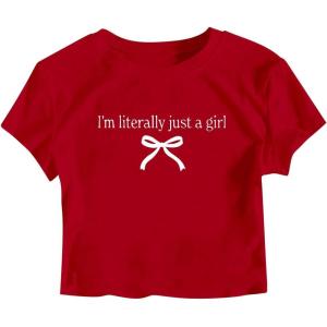 image:imageGirls Letter Bow Graphic Tees Short Sleeve Crewneck Cute Shirts for Teen Girls TrendyRed