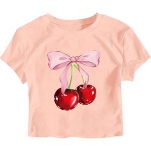 image:imageGirls Letter Bow Graphic Tees Short Sleeve Crewneck Cute Shirts for Teen Girls TrendySoft Pink