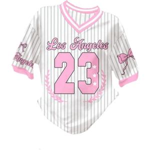 image:imageGirls Oversized Tshirts Number Graphic Jersey Shirts V Neck Short Sleeve Sports Tee Tops StreetwearPink and White