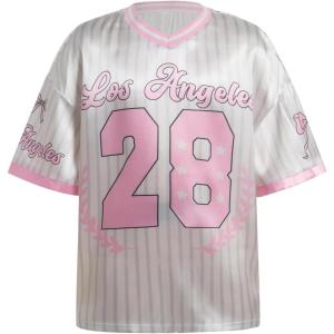 image:imageGirls Oversized Tshirts Number Graphic Jersey Shirts V Neck Short Sleeve Sports Tee Tops StreetwearWhite and Pink