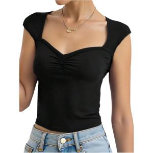 image:imageGirls Ruched Cap Sleeve Tops Sweetheart Neck Slim Fit Cropped T Shirts Cute Summer ClothesBlack
