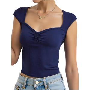 image:imageGirls Ruched Cap Sleeve Tops Sweetheart Neck Slim Fit Cropped T Shirts Cute Summer ClothesBlue