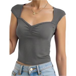 image:imageGirls Ruched Cap Sleeve Tops Sweetheart Neck Slim Fit Cropped T Shirts Cute Summer ClothesDark Grey