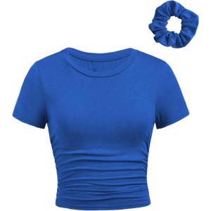 image:imageGirls Short Sleeve Ruched Tee Tops Basic Crew Neck Slim Fit T Shirts with Hair TiesDeep Blue