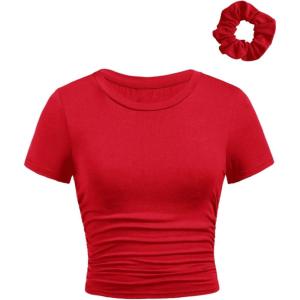 image:imageGirls Short Sleeve Ruched Tee Tops Basic Crew Neck Slim Fit T Shirts with Hair TiesRed