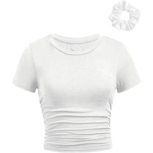 image:imageGirls Short Sleeve Ruched Tee Tops Basic Crew Neck Slim Fit T Shirts with Hair TiesWhite