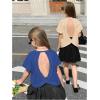 image:imageGirls 2 Packs Open Back Backless Tops Criss Cross Short Sleeve T Shirts Crewneck Casual TeesBeige and Blue