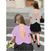 image:imageGirls 2 Packs Open Back Backless Tops Criss Cross Short Sleeve T Shirts Crewneck Casual TeesGrey and Purple