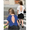 image:imageGirls 2 Packs Open Back Backless Tops Criss Cross Short Sleeve T Shirts Crewneck Casual TeesWhite and Blue