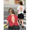 image:imageGirls 2 Packs Open Back Backless Tops Criss Cross Short Sleeve T Shirts Crewneck Casual TeesWhite and Red