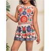 image:imageGirls 2 Piece Outfits Boho Floral Print Crew Neck Tank Top and Wide Leg Shorts SetOrange