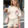 image:imageGirls 2 Piece Outfits Cherry Bow Graphic Tee Shirt and Shorts Set Cute Summer OutfitsBeige