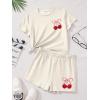 image:imageGirls 2 Piece Outfits Cherry Bow Graphic Tee Shirt and Shorts Set Cute Summer OutfitsBeige