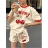 image:imageGirls 2 Piece Outfits Cherry Bow Graphic Tee Shirt and Shorts Set Cute Summer OutfitsBeige Red