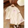 image:imageGirls 2 Piece Outfits Cherry Bow Graphic Tee Shirt and Shorts Set Cute Summer OutfitsBow Beige