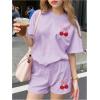 image:imageGirls 2 Piece Outfits Cherry Bow Graphic Tee Shirt and Shorts Set Cute Summer OutfitsMauve Purple