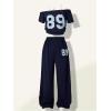 image:imageGirls 2 Piece Sports Summer Outfits Graphic Off the Shoulder Jersey Shirts and Sweatpants SetDeep Blue