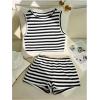 image:imageGirls 2 Piece Striped Summer Outfits Textured Knit Sleeveless Crop Tank Top and Shorts Matching SetBlack and White