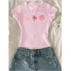 image:imageGirls 3 Packs Graphic Tees Vacation Hibiscus Top Crewneck Short Sleeve Cute Tops Summer Slim Fit T ShirtMulticolor
