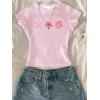 image:imageGirls 3 Packs Graphic Tees Vacation Hibiscus Top Crewneck Short Sleeve Cute Tops Summer Slim Fit T ShirtWhite Light and Hot Pink