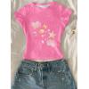 image:imageGirls 3 Packs Graphic Tees Vacation Hibiscus Top Crewneck Short Sleeve Cute Tops Summer Slim Fit T ShirtWhite Light and Hot Pink