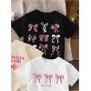 image:imageGirls Bow Cherry Graphic Tees Short Sleeve Crewneck Cute T Shirts Tops for Teens Summer TopsBlack White Beige