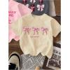 image:imageGirls Bow Cherry Graphic Tees Short Sleeve Crewneck Cute T Shirts Tops for Teens Summer TopsGrey Pink Beige