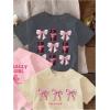 image:imageGirls Bow Cherry Graphic Tees Short Sleeve Crewneck Cute T Shirts Tops for Teens Summer TopsGrey Pink Beige