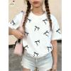 image:imageGirls Bowknot Letter Graphic Tshirt Short Sleeve Crew Neck Cute Summer Tee TopsBlack Bow White